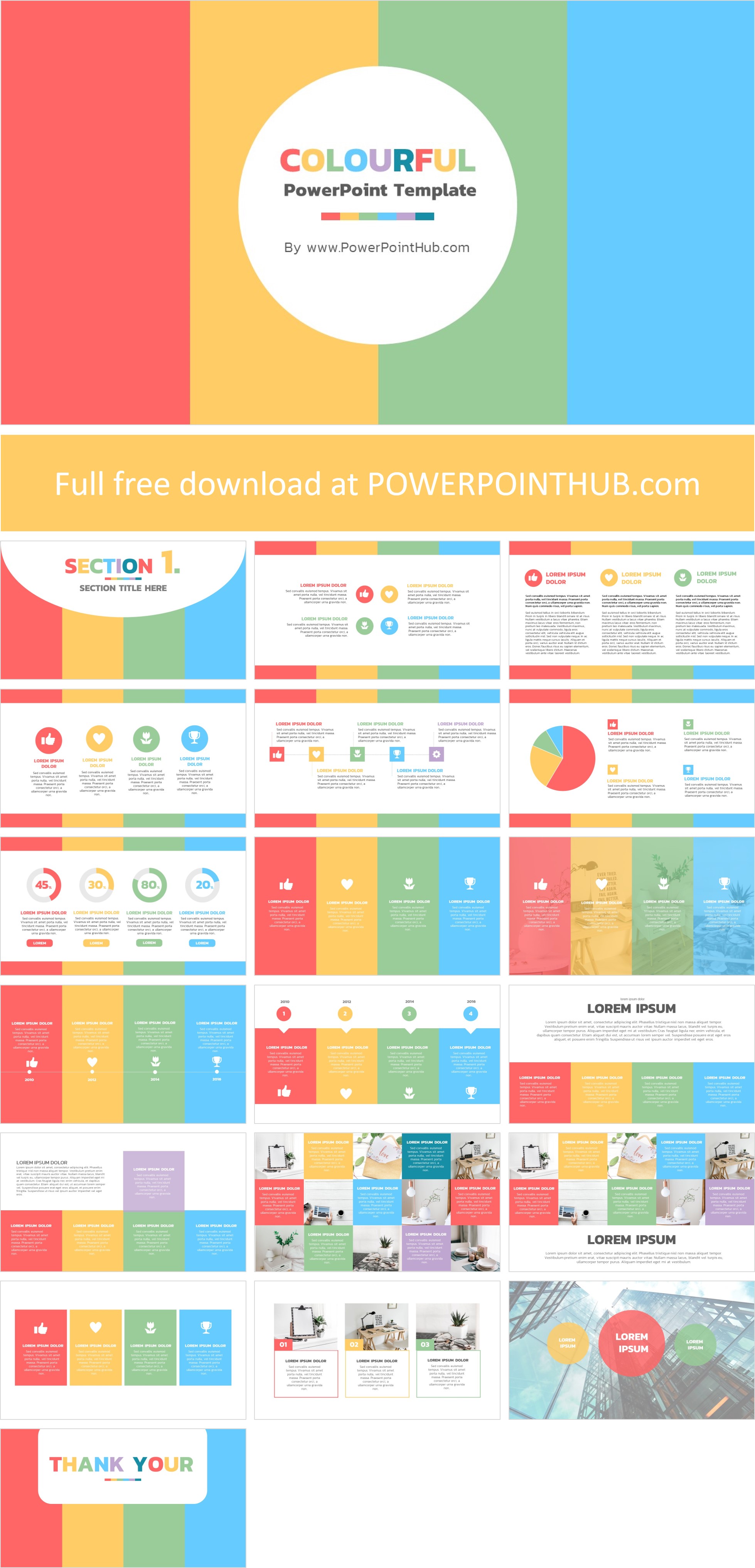 Free Colorful PowerPoint Template is a creative business presentation layout using multiple colors. This template to be used as colorful PowerPoint backgrounds.