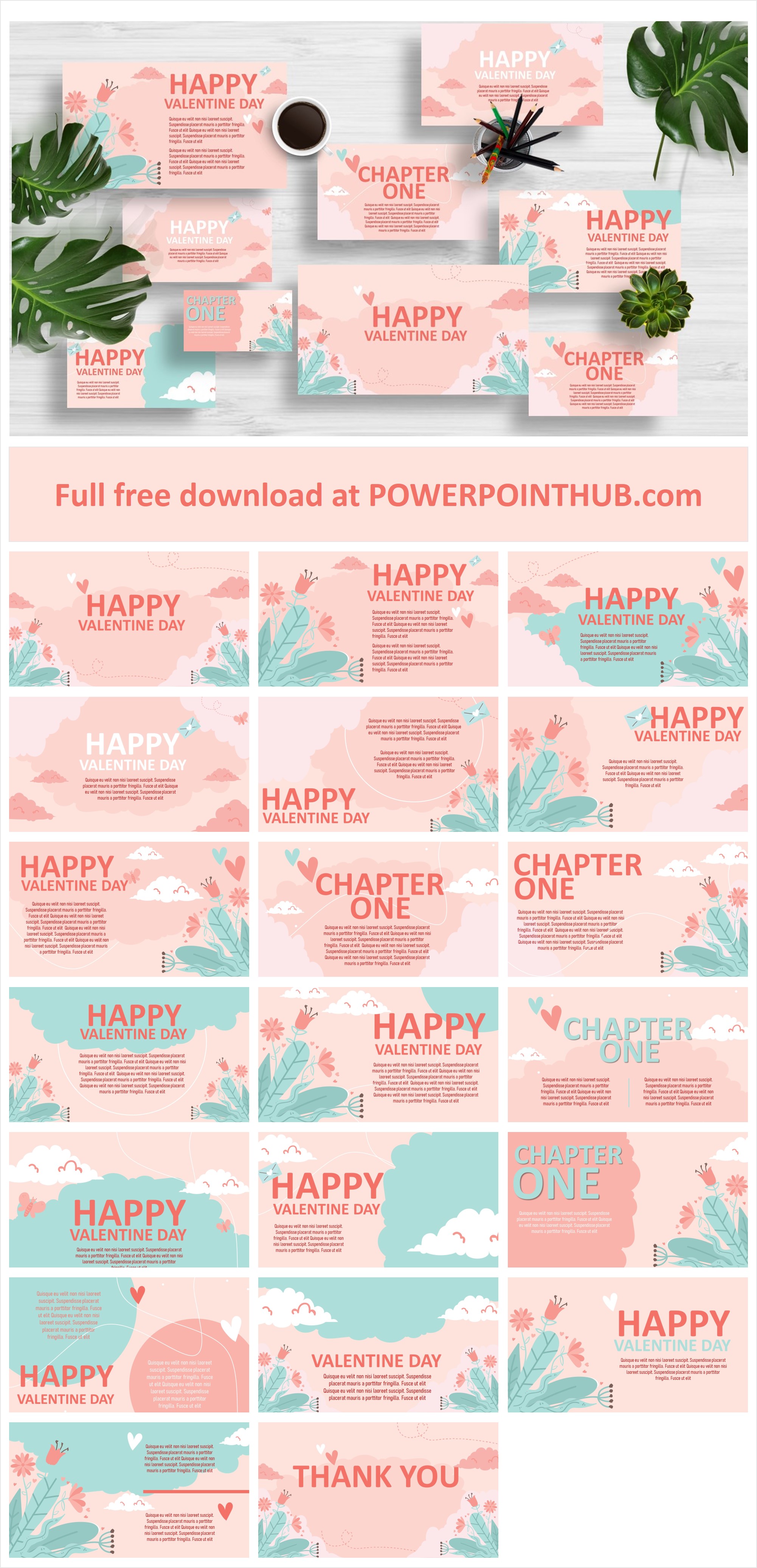 Pastel Free PowerPoint Template with pastel pink and green for Valentine's Day. This is multipurpose pastel presentation. 