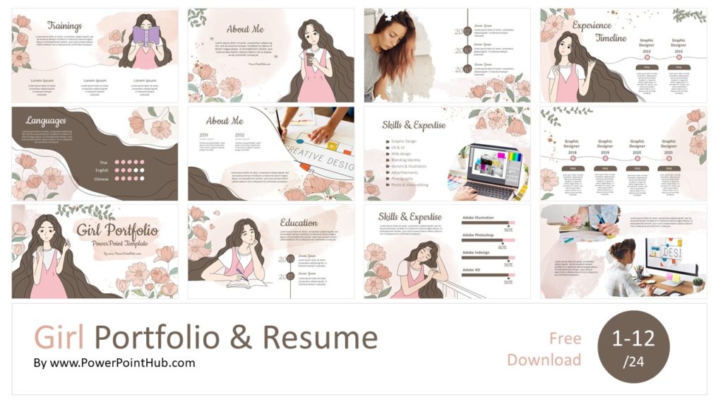 ฟรีดาวน์โหลดพาวเวอ์พอยเทมเพลตสำหรับนำเสนอผลงานและแนะนำตัวเอง  ออกแบบลายด้วยลายเส้นน่ารักสไตล์เกาห