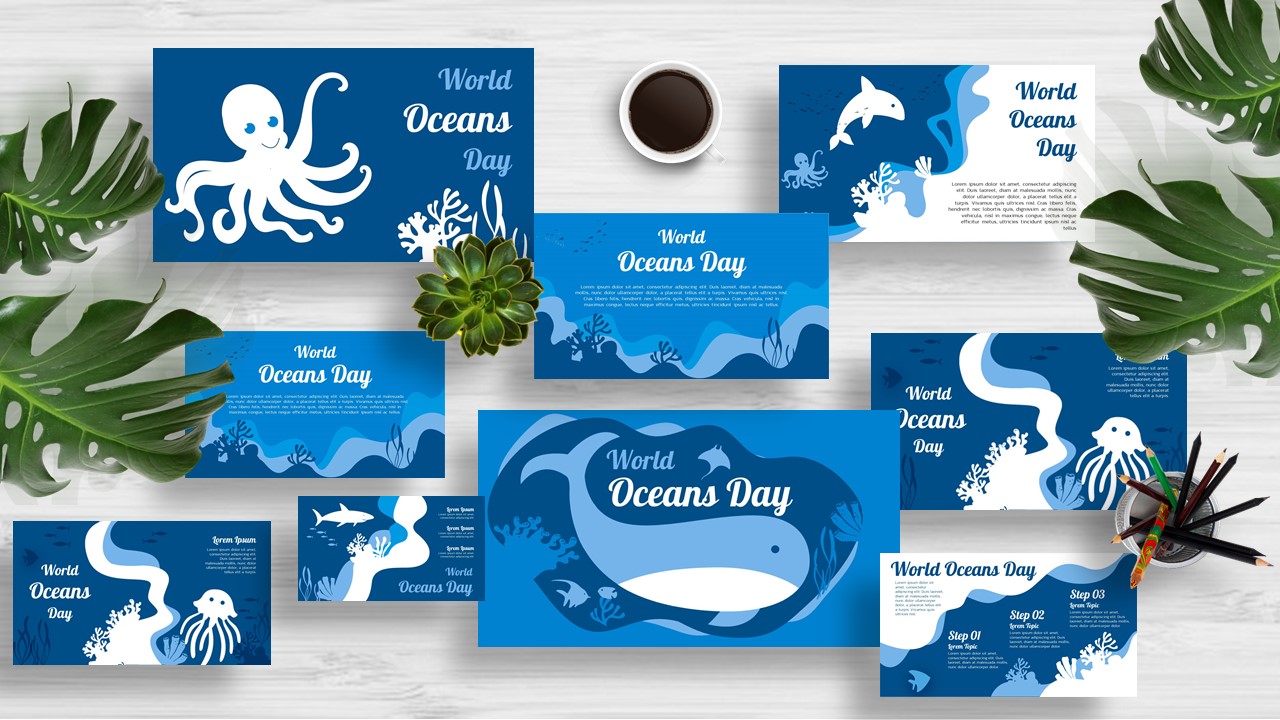 Free download World Oceans Day presentation template for PowerPoint, Google Slides , Keynote. Let's "Help Make a Difference for our Ocean Planet!".