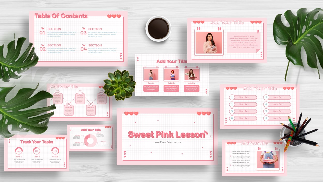 Free education presentation template suitable for PowerPoint , Google Slides and Keynote. This template is designed with beautiful pink color.