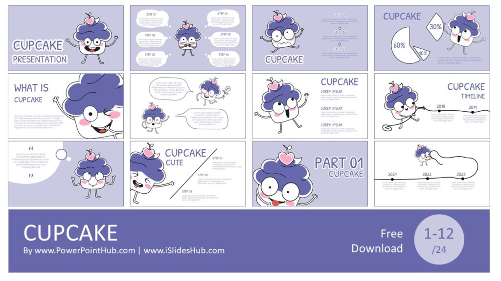 Make your presentation with cute cupcakes character. This template suitable for who is cupcake lover. Suitable for PowerPoint , Google Slide and Keynote