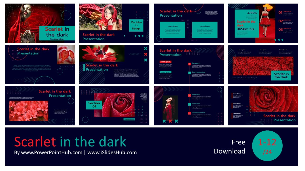 Are you looking for a fashion red and green concept in the dark theme? This template can be used for PowerPoint, Google Slide, Keynote, and Canva.