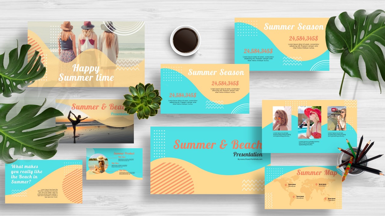 ฟรีดาวน์โหลดแม่แบบนำเสนอสีสันสดใสคอนเซปฤดูร้อนและชายหาดใช้กับทั้ง PowerPoint, Google Slides และ Keynote