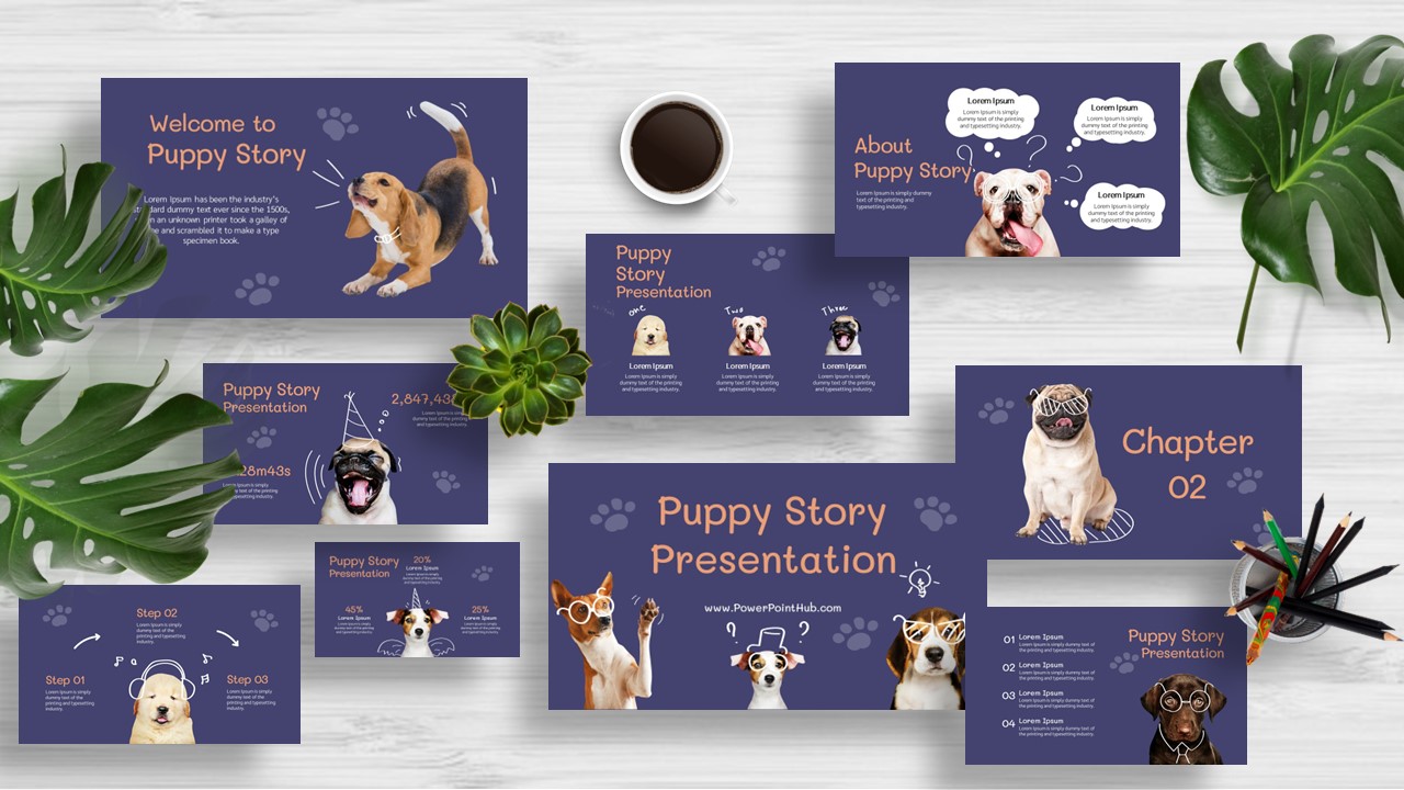 ฟรีดาวน์โหลดนำเสนองานเกี่ยวกับสุนัข ลูกหมา ที่จะช่วยสร้างให้สไลด์ของคุณน่าสนใจ เหมาะกับคนรักสัตว์ ใช้ได้กับ PowerPoint, Google Slide , Keynote และ Canva