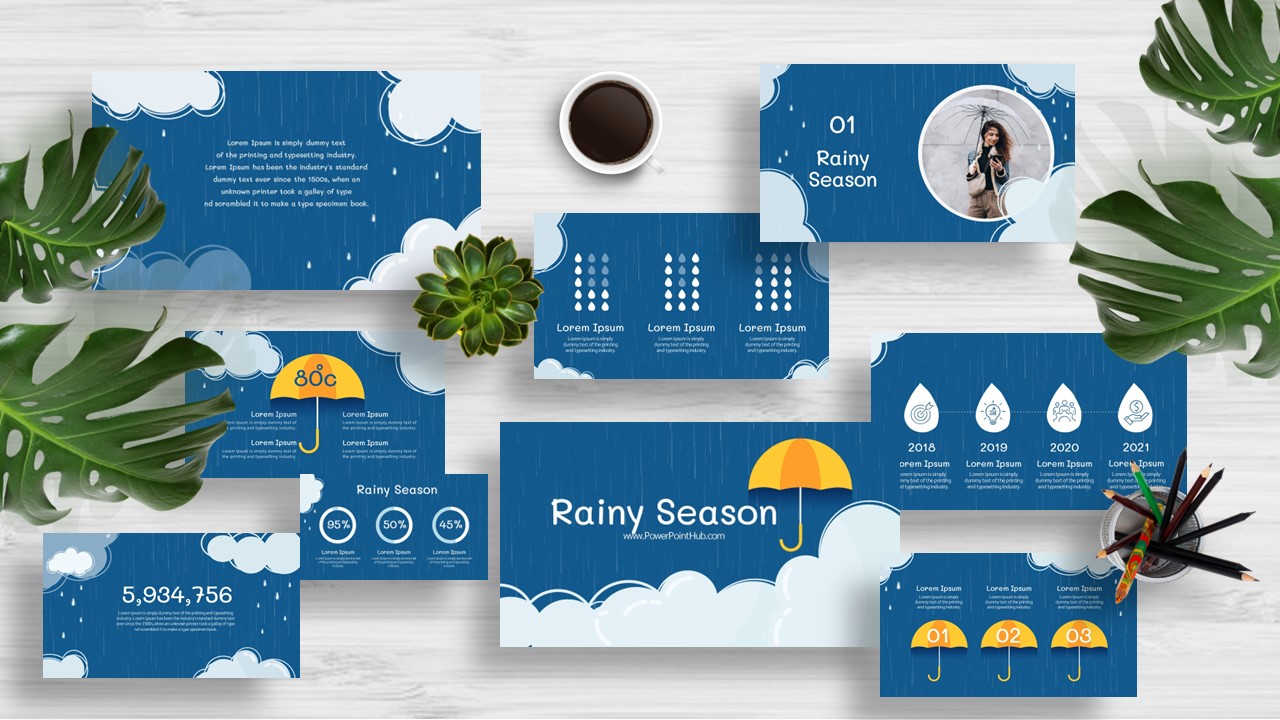 ฟรีดาวน์โหลดแม่แบบสำหรับงานนำเสนองานธีมฤดูฝน น่ารัก สนใส สามารถใช้ได้กับ PowerPoint, Google Slide , Keynote และ Canva