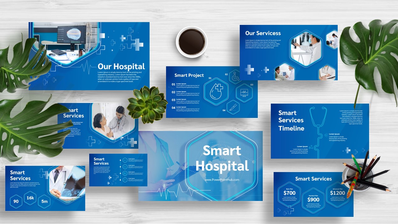 Digital Transformation เกิดขึ้นกับทุกองค์กรไม่เว้นแม้แต่โรงพยาบาล ฟรีเทมเพลตนำเสนอโรงพยาสู่ความเป็น Smart Hospital สามารถใช้ได้กับ PowerPoint, Google Slide , Keynote และ Canva