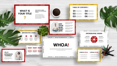 Free download the template is designed with yellow and red for multipurpose. This template works with Google Slides , Canva , PowerPoint and Keynote.