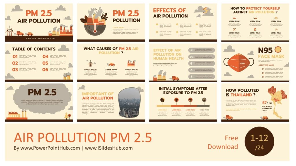 ฟรีพาวเวอร์แม่แบบสำหรับการนำเสนองานออกแบบด้านมลพิษทางอากาศ และ PM 2.5 ธีมสีครีมและส้ม ใช้งานร่วมกับ Google Slide , Keynote และ Canva