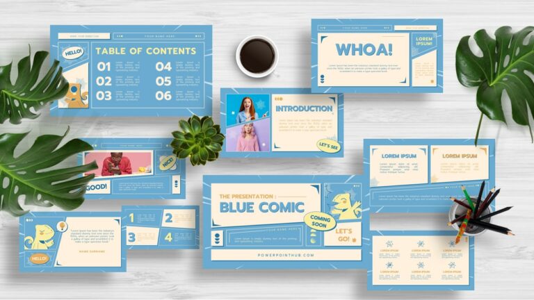 Download our free comic-style presentation template with cute chameleon characters! Suitable for PowerPoint, Canva, Google Slides, and Keynote.