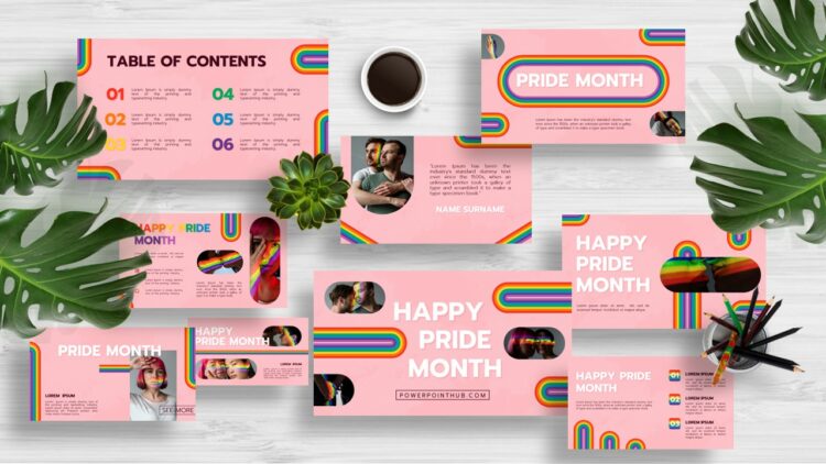 ฟรีแม่แบบนำเสนอสนับสนุนความหลากหลายทางเพศ LGPTQ+ ตกแต่งด้วยสีรุ้งบนพื้นสีชมพู ใช้ได้กับ PowerPoint, Canva, Google Slides และ Keynote