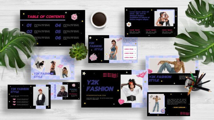 ฟรีแม่แบบนำเสนอการธีมแฟชั่น ยุค Y2K สาวสก๊อยหนุมสเก๊าท์ นำไปประยุกต์ใช้งานได้หลากหลาย ใช้ได้กับ PowerPoint, Canva, Google Slides และ Keynote