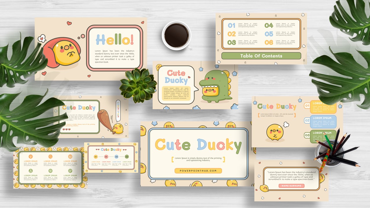 Free presentation template featuring cute ducks, pastel shades, and 24 playful slides. Suitable for PowerPoint, Canva, Google Slides, and Keynote.