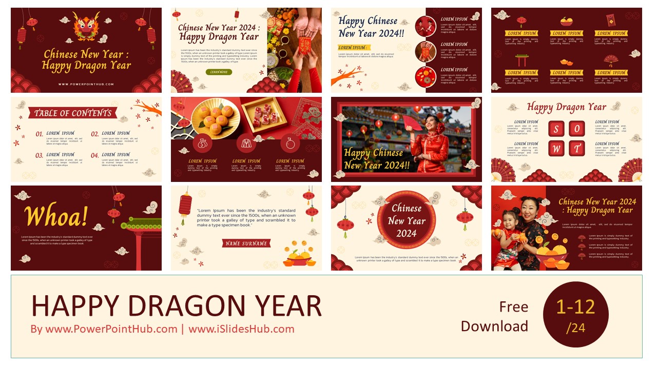Year of the Dragon 2024 with our stunning presentation template. Chinese dragon character, red and cream palette, and 24 captivating slides. 