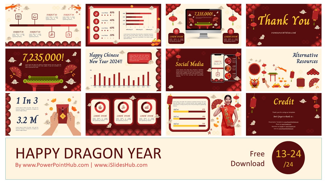 Year of the Dragon 2024 with our stunning presentation template. Chinese dragon character, red and cream palette, and 24 captivating slides. 