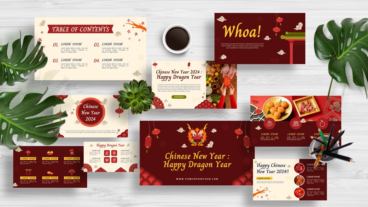 Year of the Dragon 2024 with our stunning presentation template. Chinese dragon character, red and cream palette, and 24 captivating slides.