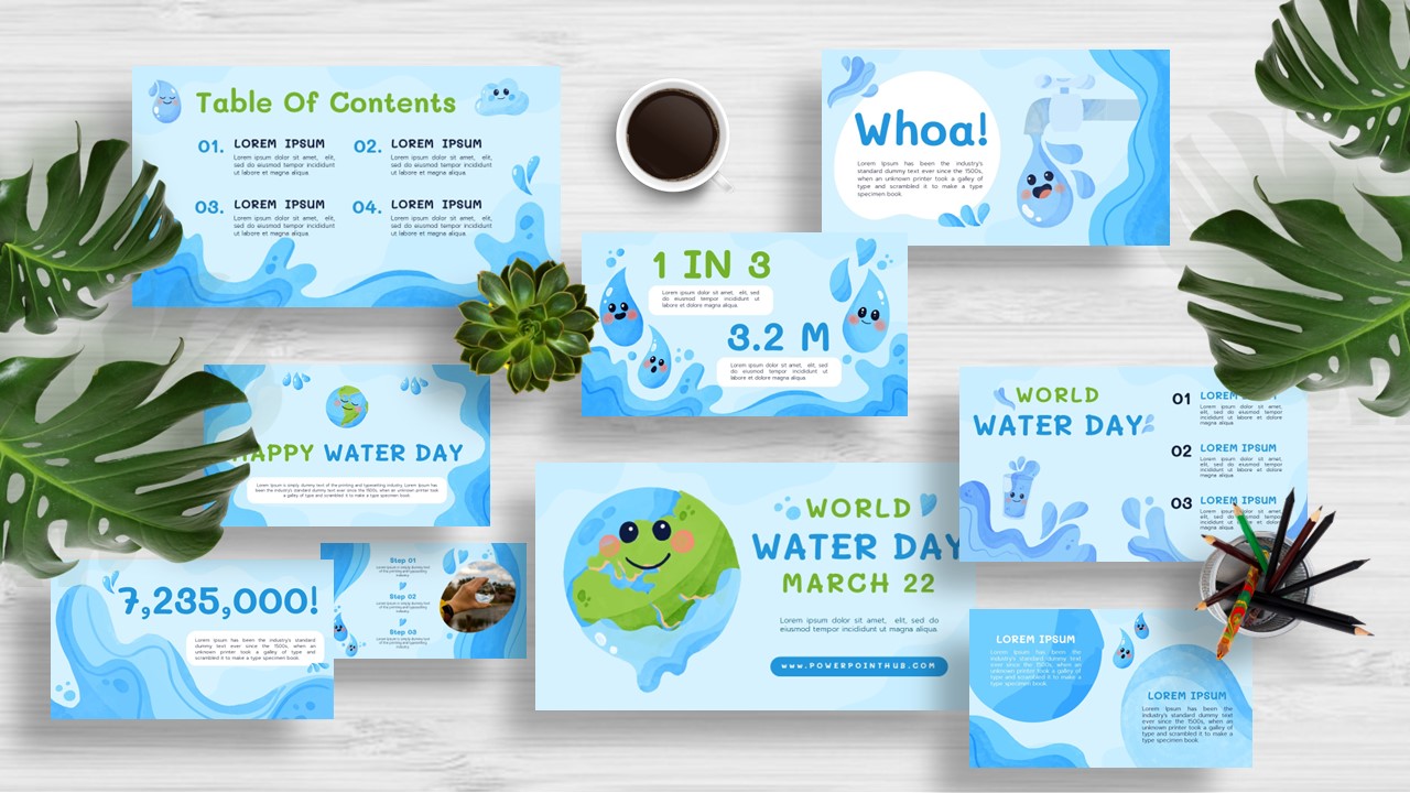 Dive into our Blue and Green World Water Day template – a visual journey for impactful presentations. Perfect for PowerPoint, Canva, Google Slides, and Keynote.