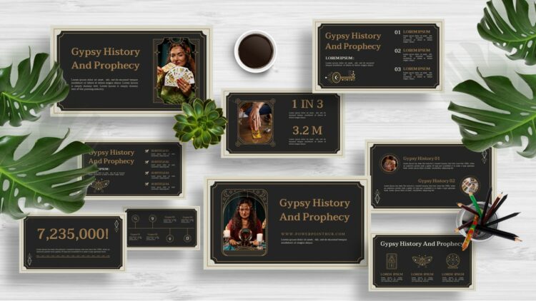 Explore our unique 'Gypsy History and Prophecy' presentation templates, available for free download. Immerse your audience in a world of mysticism with these beautifully designed slides, perfect for educators, historians, and cultural enthusiasts. Compatible with PowerPoint, Canva, Google Slides, and Keynote.