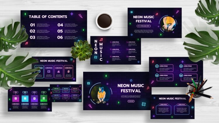 Download the Neon Music Festival Presentation Template for free! Perfect for music events, festivals, and concerts. Compatible with PowerPoint, Google Slides, Canva, and Keynote.