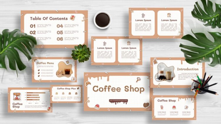 Download a free Coffee Shop template with customizable slides. Perfect for showcasing coffee menus, business plans, and marketing strategies.