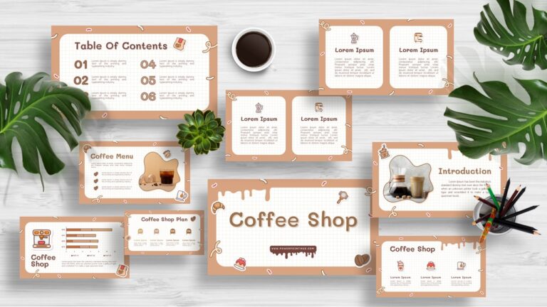 เทมเพลตร้านกาแฟฟรี! โทนสีน้ำตาลละมุนใช้ได้กับ PowerPoint และ Canva เหมาะสำหรับเมนูกาแฟ แผนธุรกิจ และการตลาดของร้านคุณ